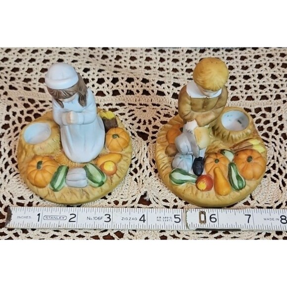Pair of Vintage 1980's Brinn's Thanksgiving Boy Girl Pilgrims Candle Holders - Picture 9 of 10